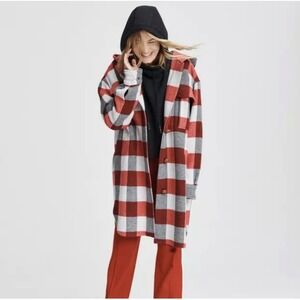 Rag & Bone Beck Hooded Jacket Womens Medium Red White Plaid Wool Coat‎ M